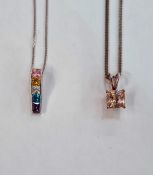 9ct white gold fine chain with cubic zirconia and mult-coloured drop pendant and a silver pendant
