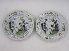 Pair of English delft plates, Liverpool circa 1760, decorated with exotic birds in floral landscape,