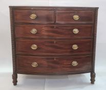 19th century bowfronted mahogany chest of two short and three long graduated drawers, with brass
