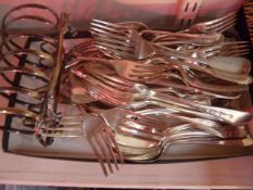 Quantity of EPNS flatware including forks and spoons and a toastrack (1 box)