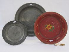 Large 19th century shallow pewter bowl of plain circular form, unmarked, 38cm dia., a Victorian