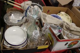 A TRAY OF CERAMICS TOGETHER WITH A TRAY OF GLASSWARE AND A FISHING ROD