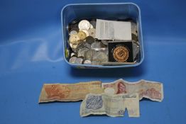 A BOX OF OLD COINS AND NOTES