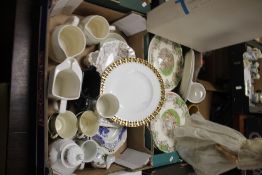 TWO TRAYS OF CERAMICS AND SUNDRIES TO INCLUDE A CROWN DERBY PLATE, PUB JUGS, A VEIL, A DOLL ETC. (