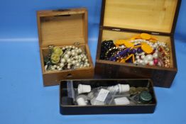 A QUANTITY OF OLD BOXES, COSTUME JEWELLERY, COINS ETC.