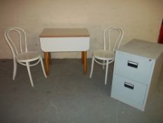 FOUR ITEMS TO INCLUDE A DROP LEAF TABLE, TWO CHAIRS AND A TWO DRAWER FILING CABINET (4)