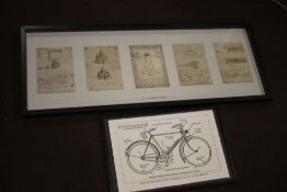 A FRAMED AND GLAZED REPRODUCTION PICTURE OF DRAWINGS OF WING MECHANISMS TOGETHER WITH A PRINT OF A