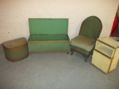 A SELECTION OF LLOYD LOOM STYLE ITEMS TO INCLUDE BEDSIDES, CCHAIR AND A BLANKET BOX