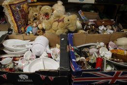 THREE TRAYS OF SUNDRIES TO INCLUDE CERAMICS TOGETHER WITH A TRAY OF SOFT TOYS ETC.