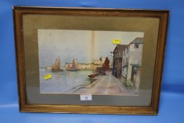 C. L. HOLMAN (1928) WATERCOLOUR OF A HARBOUR AND FISHING BOATS, FRAMED AND GLAZED, 47.5 X 36 CM