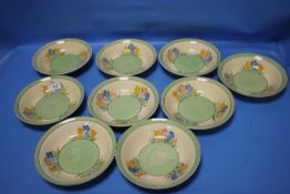 NINE CLARICE CLIFF BOWLS SOME CHIPPED