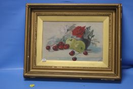 A FRAMED AND GLAZED OIL ON BOARD STILL LIFE OF FRUIT SIGNED T. SMITH, 57 X 47 CM