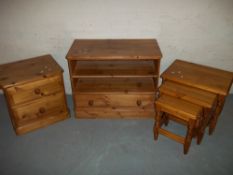 THREE PINE ITEMS TO INCLUDE A NEST OF TABLES, TWO DRAWER CHEST OF DRAWERS AND A TV STAND