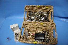 A BASKET OF JEWELLERY AND A BASKET OF CUTLERY