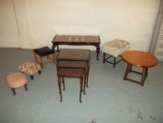 A SELECTION OF SEVEN ITEMS TO INCLUDE A COPPER TOPPED TABLE AND A NEST OF TABLES ETC.