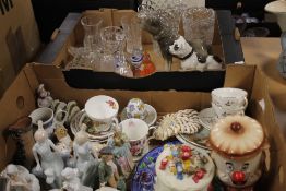 TWO TRAYS OF CERAMICS AND GLASS TO INCLUDE PAPERWEIGHTS ETC. (NOT INCLUDING TRAYS)