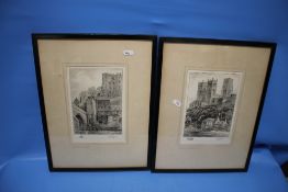 TWO FRAMED AND GLAZED PRINTS, ONE OF DURHAM CATHEDRAL, THE OTHER DURHAM CASTLE SIGNED T. E. FRANCIS