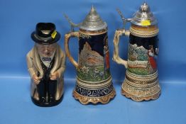TWO CERAMIC BEER STEINS TOGETHER WITH A ROYAL DOULTON WINSTON CHURCHILL TOBY JUG