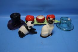TWO VICTORIAN MINIATURE GLASS HATS, A ROYAL DOULTON SEATED SIAMESE CAT FIGURE, A RUSSIAN LOMONOSOV