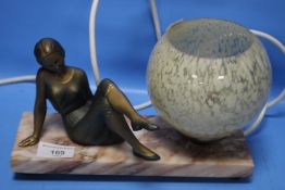 AN ART DECO STYLE TABLE-TOP LIGHT WITH MARBLE BASE AND METAL FIGURE OF A SEATED LADY
