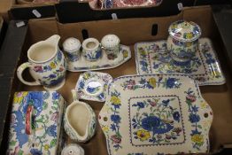 A TRAY OF MASON'S REGENCY CERAMICS TO INCLUDE CHEESE DISH, ASHTRAY, CRUET SET ETC. (NOT INCLUDING