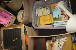 FOUR BOXES OF SUNDRIES TO INCLUDE BOOKS, A LAMP, DISPLAY CABINET ETC.