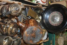 A TRAY OF METALWARE ETC. TO INCLUDE A ROULETTE WHEEL, COPPER KETTLE ETC.