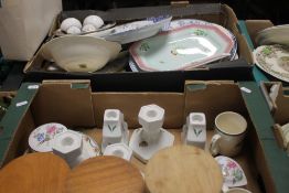 TWO TRAYS OF CERAMICS TO INCLUDE PORTMEIRION LARGE LIDDED POT, CHRISTMAS PLATES, CANDLE HOLDERS