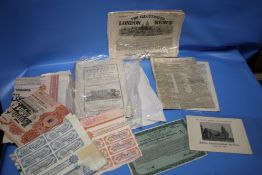 19TH CENTURY NEWSPAPERS AND SHARE CERTIFICATES ETC.