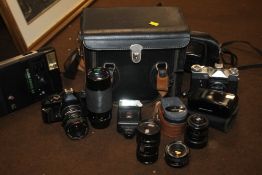 VINTAGE CAMERAS AND LENSES TO INCLUDE MIRANDA, ZENIT-E, KODAK EK160, CARRY CASE ETC.