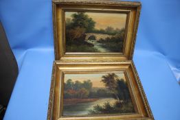 TWO FRAMED OIL PAINTINGS ON BOARD OF RIVER SCENES SIGNATURES INDISTINCT