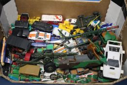 A TRAY OF PLAYWORN DIE CAST VEHICLES BY CRESCENT, LONE STAR, MATCHBOX, CORGI AND MAJORETTE