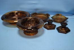 SIX PIECES OF DAVIDSON BROWN CLOUD GLASS TO INCLUDE CANDLE HOLDERS, AND TWO BOWLS WITH STANDS