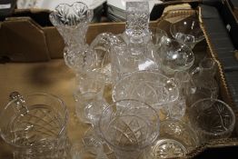A TRAY OF CUT GLASS ITEMS ETC. (NOT INCLUDING TRAY)