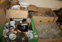 TWO TRAYS OF CERAMICS TOGETHER WITH TWO TRAYS OF GLASSWARE MAINLY CUT GLASS