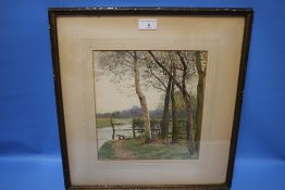 JOHN PARKER R. W. S. WATERCOLOUR OF TREES BY A RIVER, FRAMED AND GLAZED, 43 X 46 CM