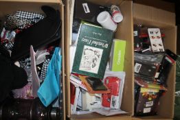 THREE TRAYS OF ITEMS TO INCLUDE DRINKING BOTTLE, FABRIC BAGS, PHONE CASES ETC.