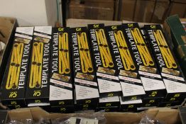 A BOX OF TEMPLATE TOOLS FOR TILERS, CARPENTERS, ROOFERS ETC.