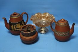 TWO TERRACOTTA TEAPOTS, ONE A/F AND A SPICE JAR TOGETHER WITH A CARNIVAL GLASS BOWL