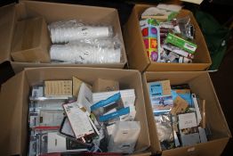 FOUR TRAYS OF ASSORTED ITEMS TO INCLUDE PLASTIC RECORDERS, STACKING BLOCKS, PHONE CASES ETC.