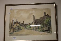 THREE FRAMED WATERCOLOURS, TWO DEPICTING FARMYARD SCENES, THE OTHER DEPICTING COTTAGES