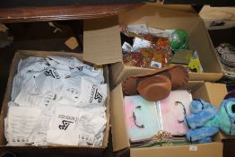 THREE BOXES OF NEW ITEMS TO INCLUDE FURRY JEWELLERY BOXES, COAT HANGERS ETC.