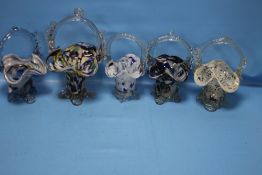 FIVE COLOURED GLASS BASKETS