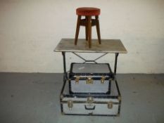A MARBLE TABLE WITH CAST IRON LEGS, PUB STOOL AND TWO STORAGE CASES