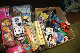 TWO TRAYS OF CHILDREN'S TOYS AND GAMES TO INCLUDE BARBIE, TWEENIES ETC.