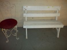 A SMALL GARDEN BENCH, W 97 cm H 75 cm, AND A WROUGHT IRON CHAIR