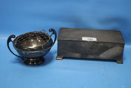 A HALLMARKED SILVER TRINKET BOX TOGETHER WITH A WHITE METAL TWIN HANDLED BOWL