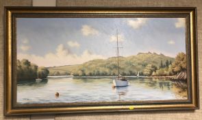 A FRAMED OIL ON CANVAS OF A LAKE SCENE WITH VARIOUS SAIL BOATS SIGNED NICHOLAS LEWIS