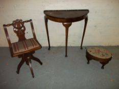 THREE ITEMS TO INCLUDE A HALF MOON TABLE, AN ANTIQUE SWIVEL CHAIR AND A STOOL