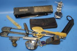 A SMALL TRAY OF COLLECTABLES - SCALES, WATCH ETC.
